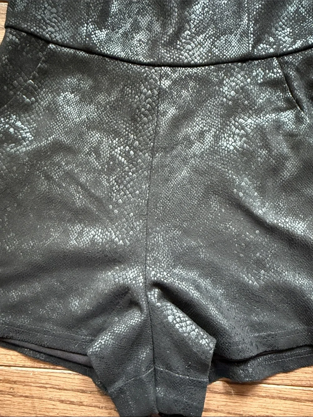 She + Sky Black Faux-Snakeskin Strapless Romper